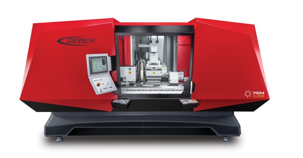 A red-and-black Ziersch cylindrical CNC grinder with a window and a control panel. It also has the YCM logo.