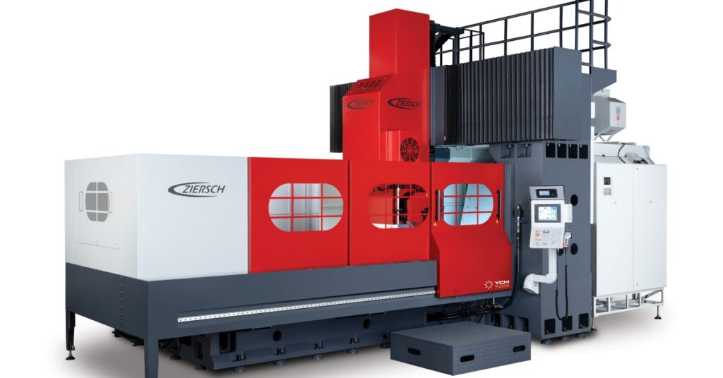 A Ziersch large-format CNC grinder with distinct white, red, and gray sections ads well as a side control panel.