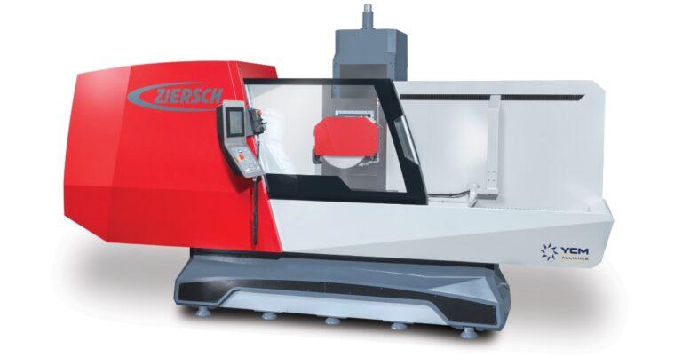 A Ziersch surface grinder with a red, white, and gray exterior. It features a side control panel and the YCM logo.