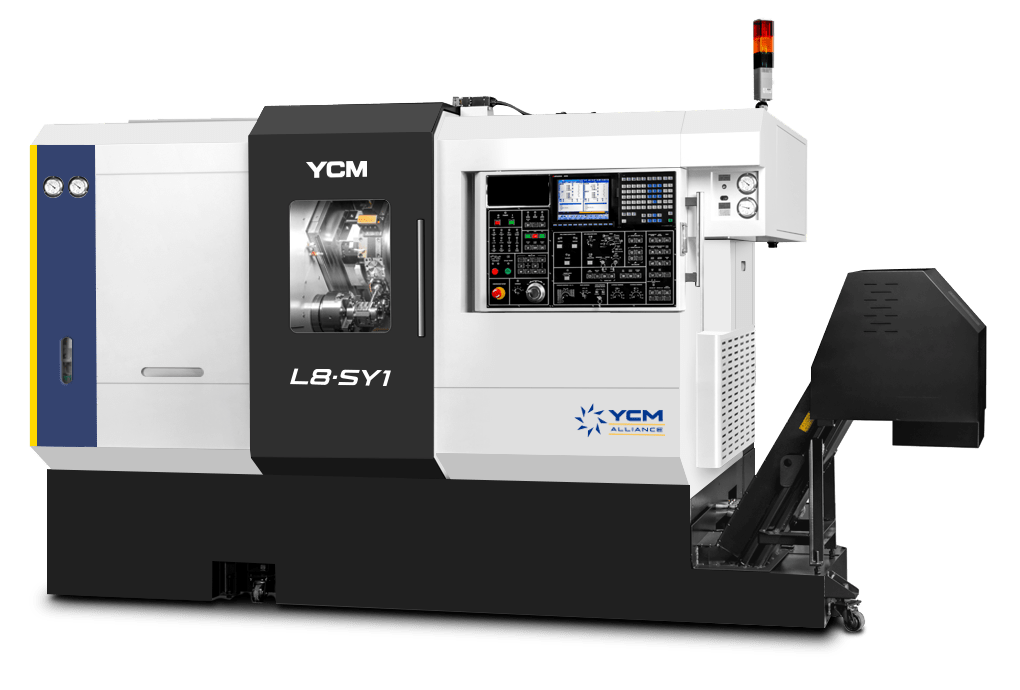 YCM L8-SY1 CNC turning center with front control panel and chip conveyor. The white machine has a black door.