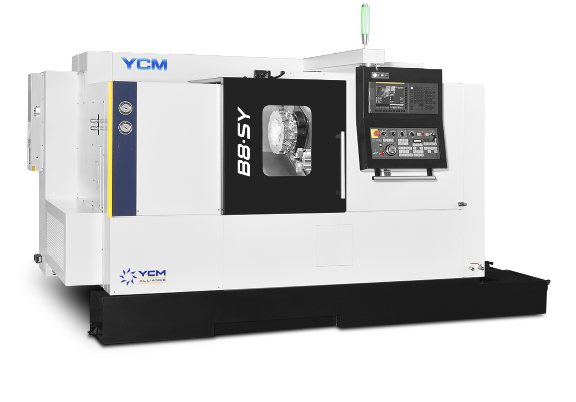 YCM B8-SY CNC turning center with angled control panel and windowed black door. The white enclosure sits on a black base.