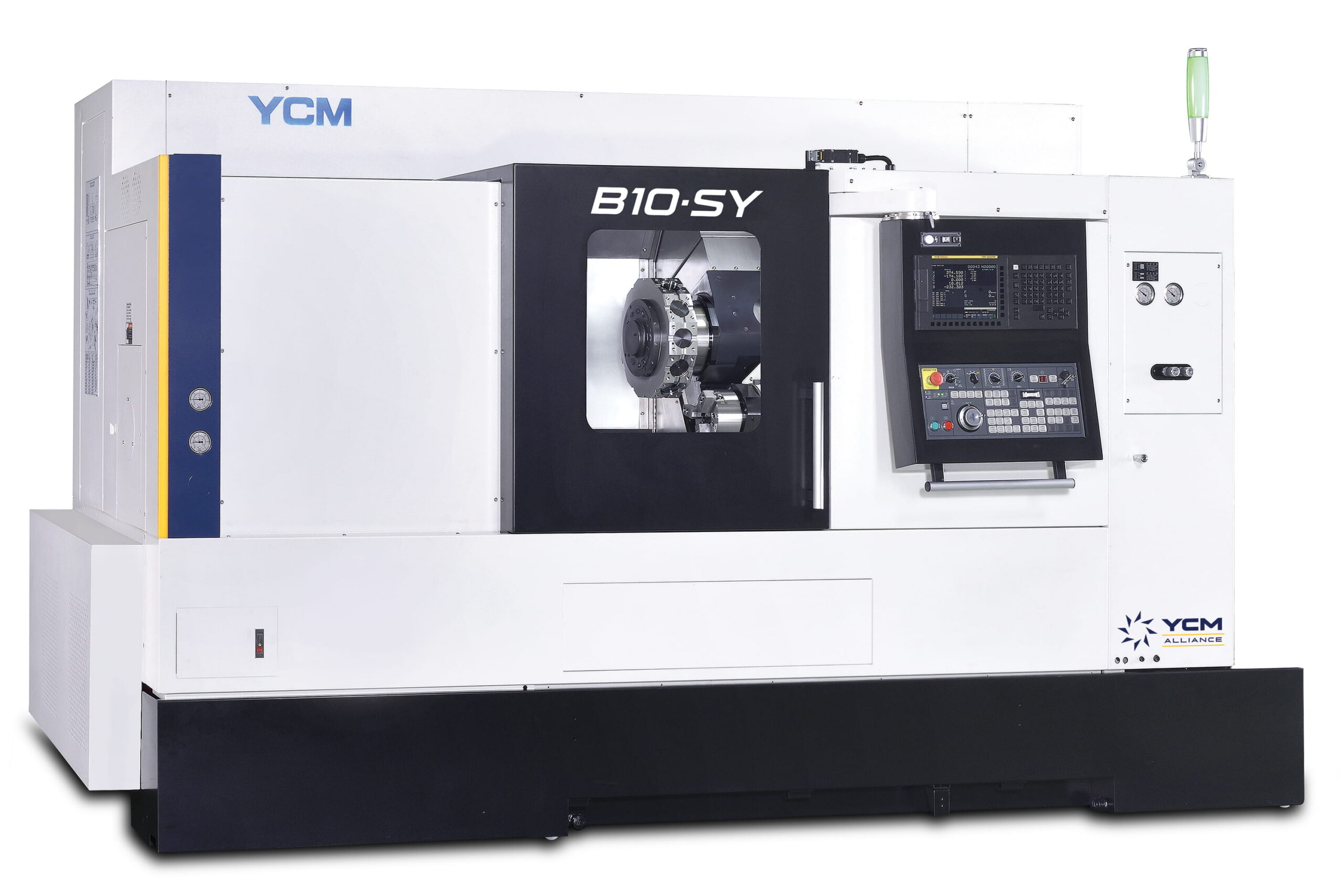 YCM B10-SY CNC turning center with visible turret through the black door window. The white body sits on a black base.
