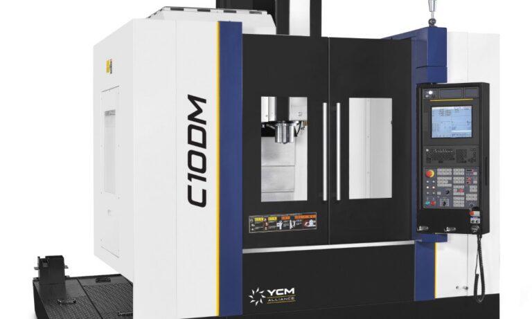 YCM C100M machining center with black doors and a side control panel. The white, blue, and black unit rests on a wide base.