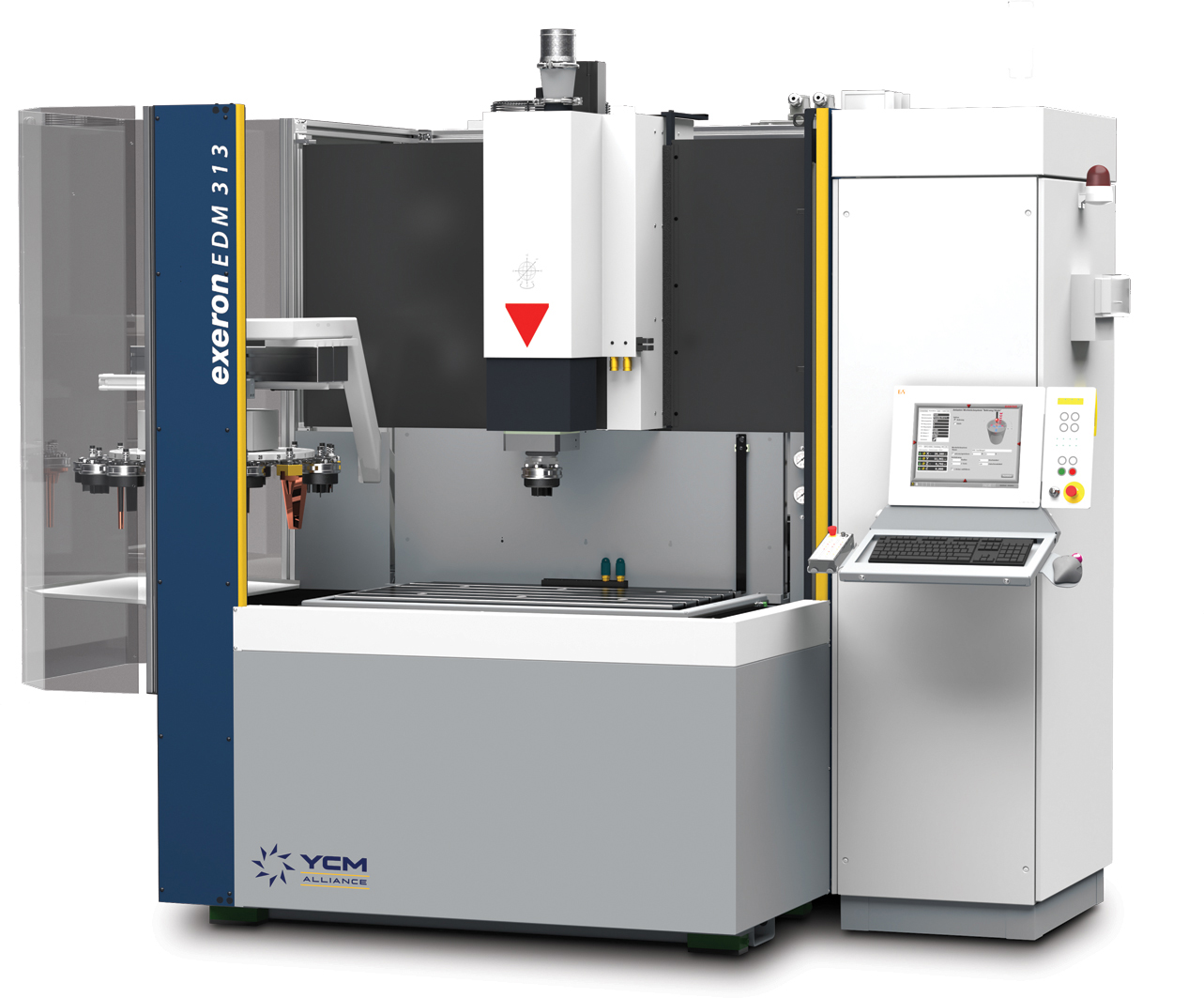 YCM Exeron EDM 313 machine with an open worktable and front control console. The white-and-blue unit has a tall frame.