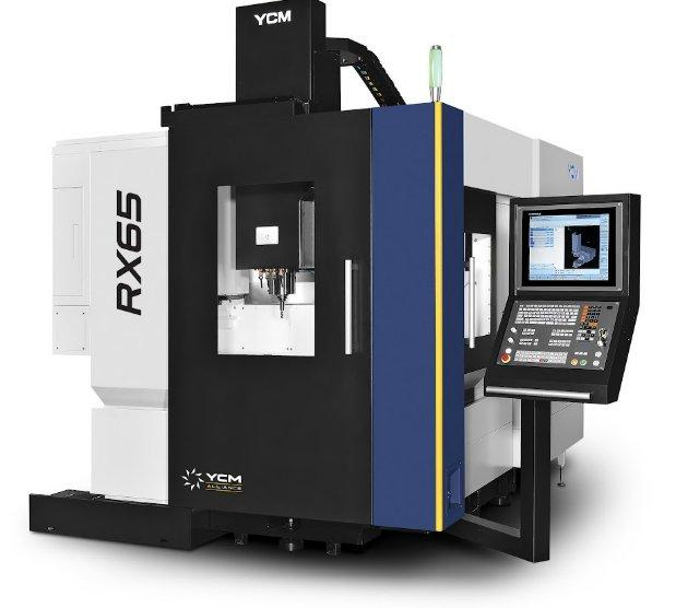 An industrial black, white, and blue CNC machine features a window to observe what the machine is making.