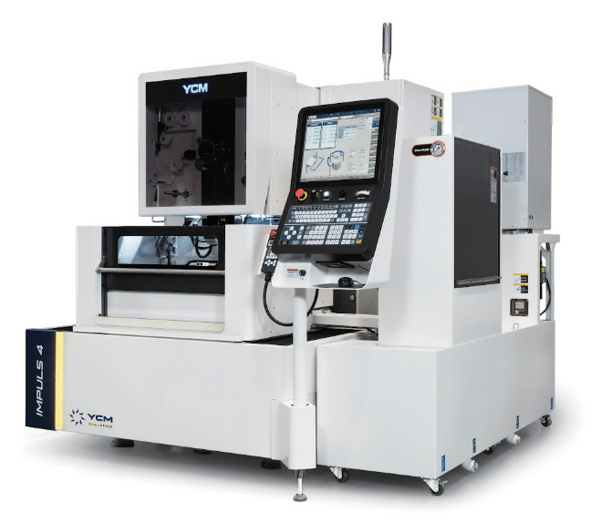 A light gray high-precision machine features a specific keyboard and screen on the side and a large square window.